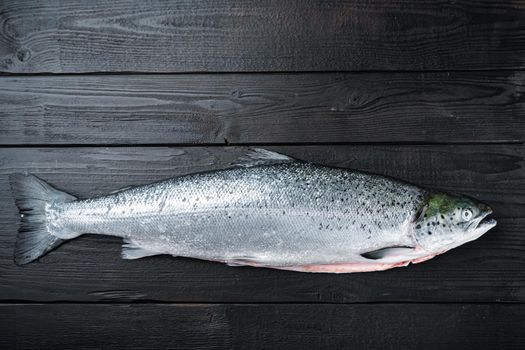 Fresh whole trout on black wooden surface, flat lay with space for text