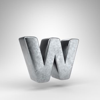 Letter W lowercase on white background. Gun metal 3D rendered font with rough metal texture.