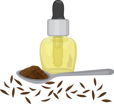 Cumin Zira seeds, powder in a spoon, and essencial oil
