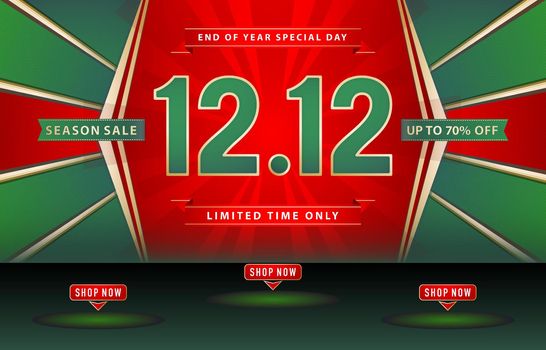 12.12 sale, 12.12 online sale, End Of Year Sale banner tidewater green and red with ribbon, arrow model, online shop sign, for poster, flyer, social media banner, label promotion store, web banner