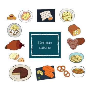 Vector hand drawn doodle set of German cuisine. Design sketch elements for menu cafe, restaurant, label and packaging. Colorful illustration on a white background.