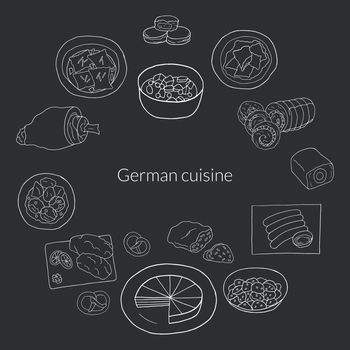 Vector hand drawn doodle set of German cuisine. Design sketch elements for menu cafe, restaurant, label and packaging. Illustration on a dark background.