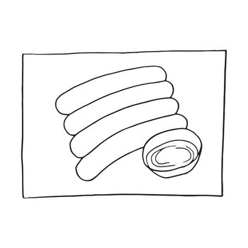 Vector hand drawn doodle weisswurst, traditional Bavarian sausage. German cuisine dish. Design sketch element for menu cafe, restaurant, label and packaging. Illustration on a white background.