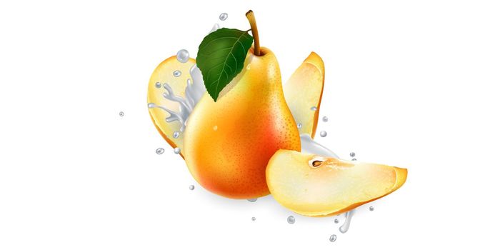 Pears in splashes of milk or yogurt.