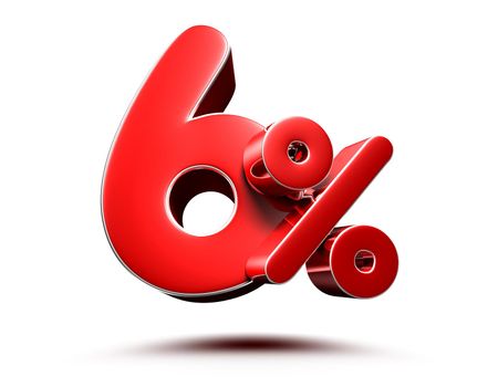 6 percent red on white background illustration 3D rendering with clipping path.