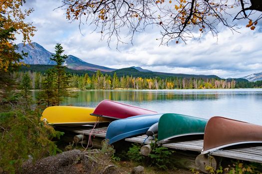Beauvert lake at Jasper, Canada, Canadian lake popular for canoe