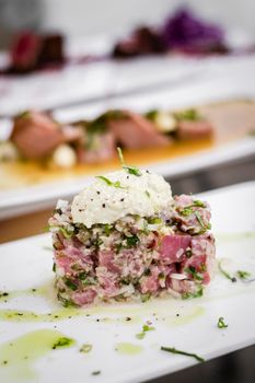 fresh marinated tuna tartare salad with wasabi mayonnaise asian fusion food