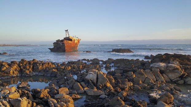 Shipwreck at the rocky coast of Cape Agulhas