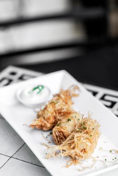 asian fried rice noodle shrimp spring rolls starter on plate