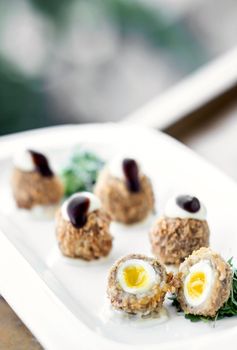 gourmet organic scotch quail eggs starter snack on table