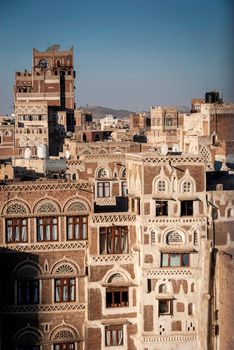 view of sanaa city old town architecture skyline in yemen