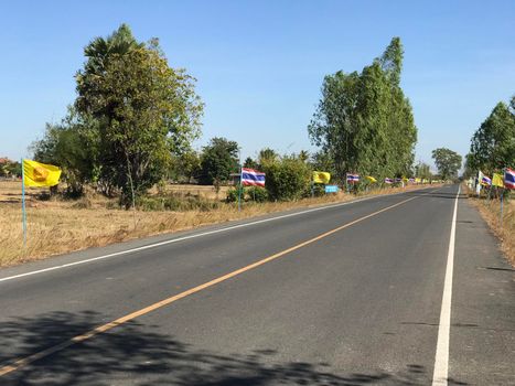 Road with thai and buddhism flags 