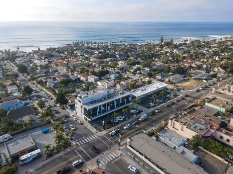 Aerial view of little town with small street and villa in La Jolla Hermosa, San Diego