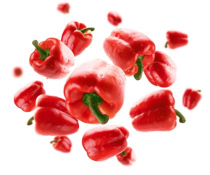 Red paprika levitates on a white background