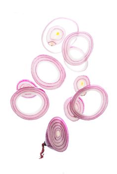 juicy raw onion cut into rings sprinkled on a white plate