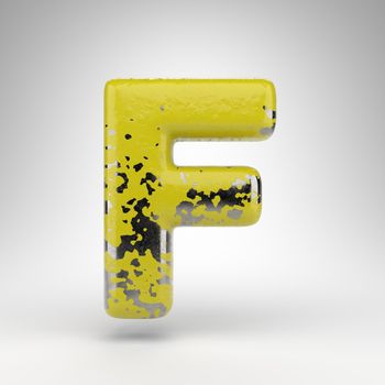 Letter F uppercase on white background. 3D letter with old yellow paint on gloss metal texture.