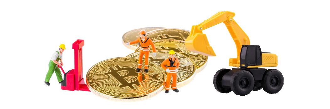 Miniature engineer and worker are mining and transferring Bitcoin activity. Conceptual design for technology of Cryptocurrency and Blockchain