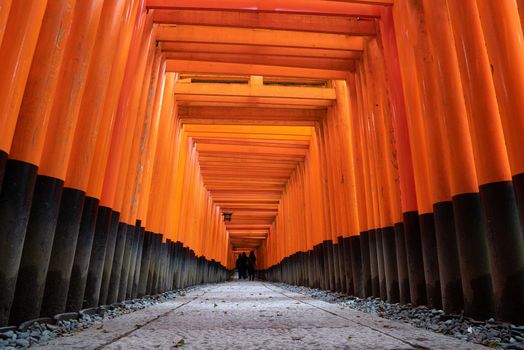 The red torii gates walkway path at fushimi inari taisha shrine the one of attraction  landmarks for tourist in Kyoto at Japan.