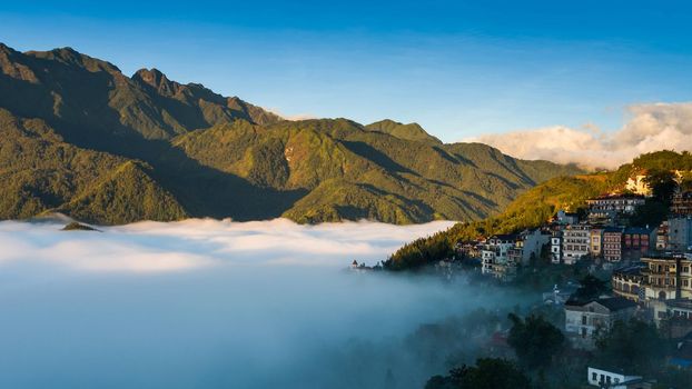 Sapa valley city in the mist in the morning, Vietnam
