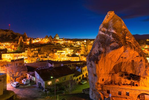 Goreme ancient city view after twilight Cappadocia in Central Anatolia Turkey