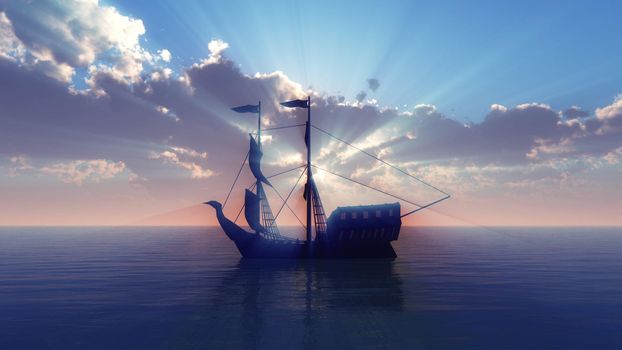old ship in sea sunset, 3d render illustration