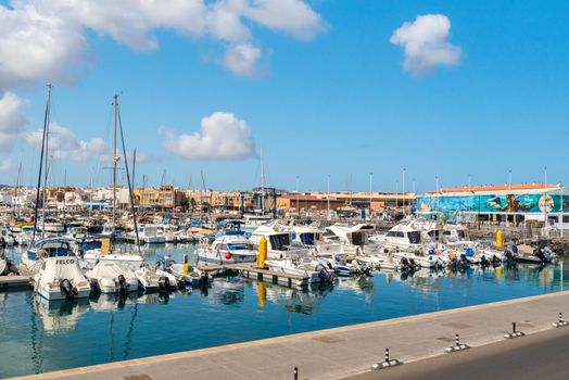 Corralejo, Fuerteventura, Spain: 2020 September 30: Sunny day in the port of Corralejo in Fuerteventura on the Canary Islands in Spain.