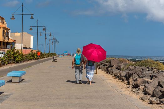 Sunny day on the promenade Bristol of Corralejo in Fuerteventura on the Canary Islands in Spain.