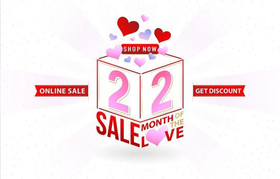 2.2 sale, 2.2 online sale, Month of the love Sale, gift box and love with sale cube model number sign red ribbon with isolated background, for poster, flyer, social media banner, label promotion store
