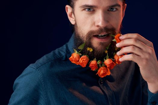 Man beard flowers decoration romance gift dark background. High quality photo