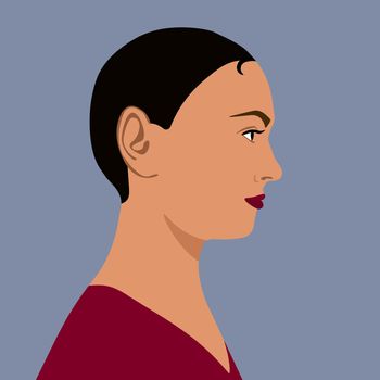 Portrait of a fashion woman. The head in profile of a European brunette woman. Face of girl. Flat design for for landing page, banner, social Media Avatar. Color vector illustration
