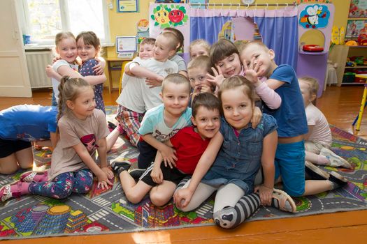 Belarus, the city of Gomil, April 25, 2019.Open day in kindergarten. Many children in kindergarten. A group of six year old boys and girls.