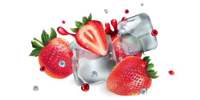 Fresh strawberries with ice cubes and water and juice splashes