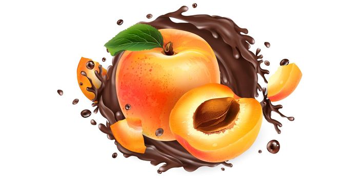 Whole and sliced apricots in a chocolate splash.