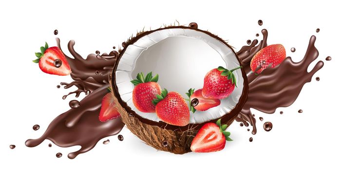Splash of liquid chocolate and fresh coconut with strawberries.