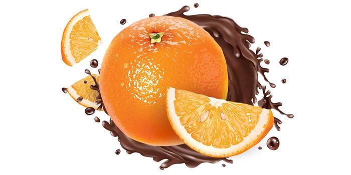 Whole and sliced oranges in a chocolate splash.