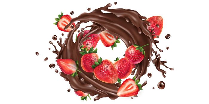 Whole and sliced strawberries in a chocolate splash.