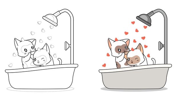 Couple cat are bathing cartoon coloring page