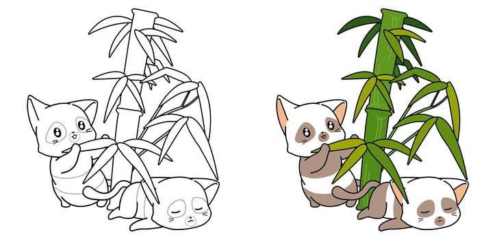 Cute panda cats and bamboo cartoon coloring page