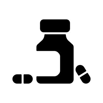 Medicine bottle and pills vector glyph icon. Medicament