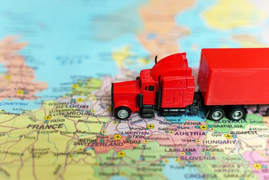 Truck with trailer on the Europe map.