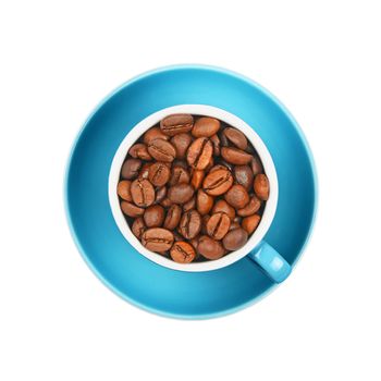 Cup of roasted coffee beans isolated on white