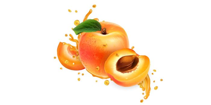 Whole and sliced apricots in fruit juice splashes.