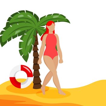 A young woman walks on the beach. Girl in a red swimsuit on the sand. Vector flat illustration.