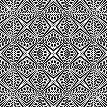 Abstract geometric swirl hypnotize seamless pattern with black ormament on white background. Template design for web page, textures, card, poster, fabric, textile.