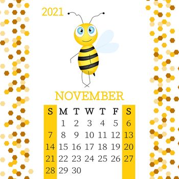 Calendar 2021. Monthly calendar for November 2021 from Sunday to Saturday. Yearly Planner. Templates with cute hand drawn bee. Vector illustration. Great for kids. Calendar page for print.