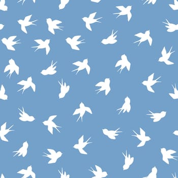 Seamless pattern with white swallow silhouette on blue background. Cute bird in flight. Vector illustration. Doodle style. Design for invitation, poster, card, fabric, textile.