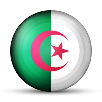 Glass light ball with flag of Algeria. Round sphere, template icon. Algerian national symbol. Glossy realistic ball, 3D abstract vector illustration highlighted on a white background. Big bubble.