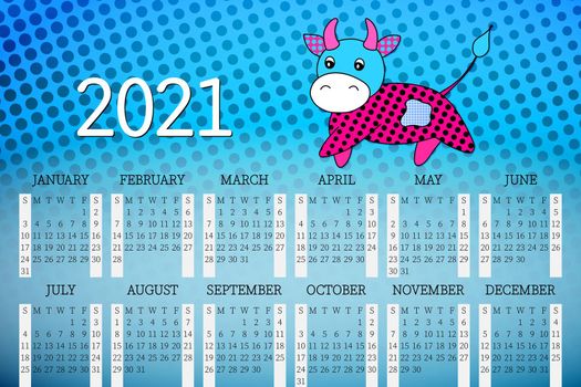 Calendar 2021. Monthly calendar 2021 from Sunday to Saturday. Yearly Planner. Templates with cute hand drawn bull. Vector illustration with adorable character. Page for print. Cute cow. Symbol 2021.