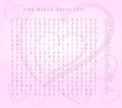 Valentines day word puzzle crossword - find the listed words about love in the brain work puzzle. attentiveness test, riddle game in English. words are located forward and down