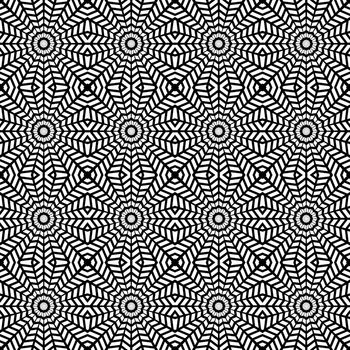 Abstract geometric swirl hypnotize seamless pattern with black ormament on white background. Template design for web page, textures, card, poster, fabric, textile.